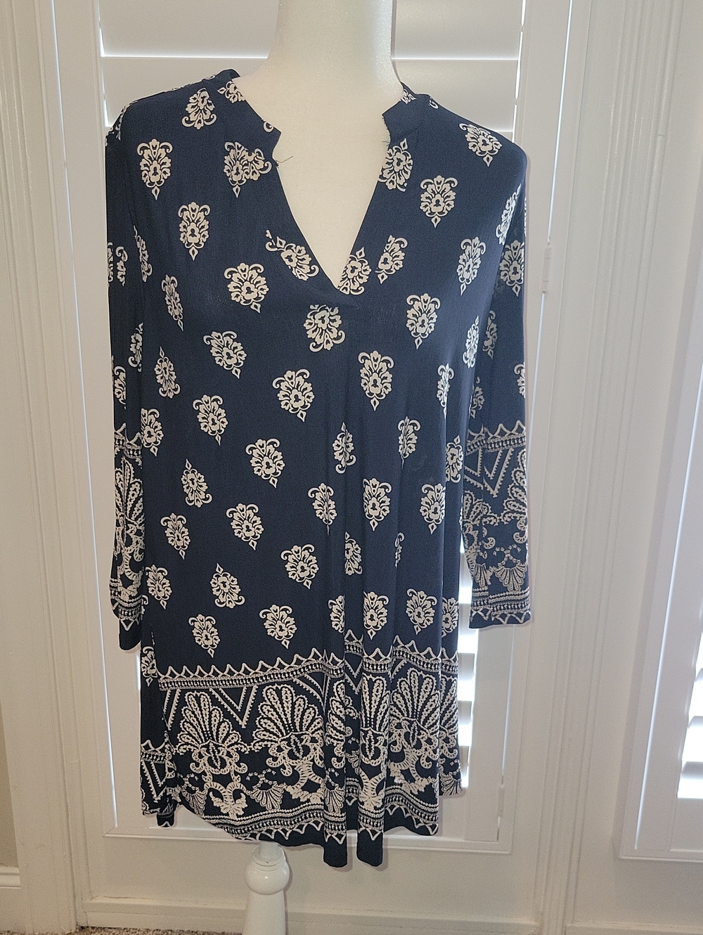 Navy & White Printed V-Neck Tunic Or Dress